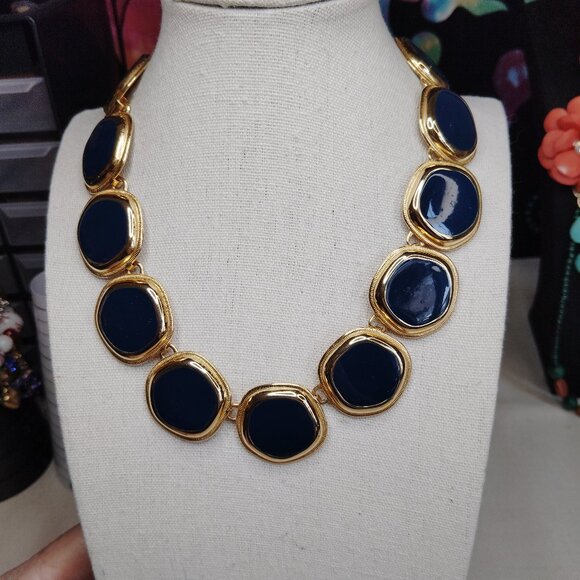 Jewelry - Vintage Gold Tone Navy Enamel Link Statement Necklace 1980s 1990s